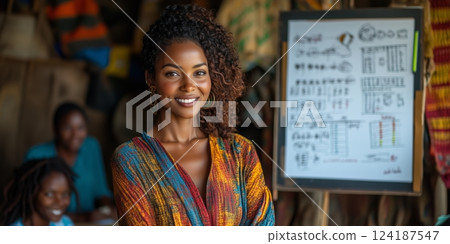 a woman confidently leading a meeting in a small rural community center, standing by a flipchart with financial plans for a cooperative, smiling participants seated around her, with space on the right a woman confidently leading a meeting in a small rural community center, standing by a flipchart with financial plans for a cooperative, smiling participants seated around her, with space on the right 124187547