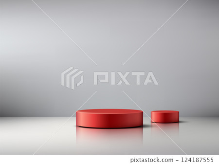 modern red cylindrical podium display on reflective surface, 3d product showcase mockup modern red cylindrical podium display on reflective surface, 3d product showcase mockup 124187555