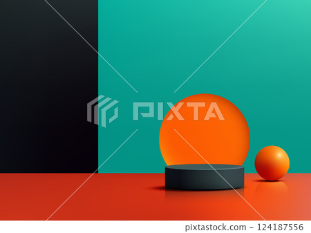 modern orange sphere glowing next to black cylindrical podium, red surface, teal backdrop, product display mockup modern orange sphere glowing next to black cylindrical podium, red surface, teal backdrop, product display mockup 124187556