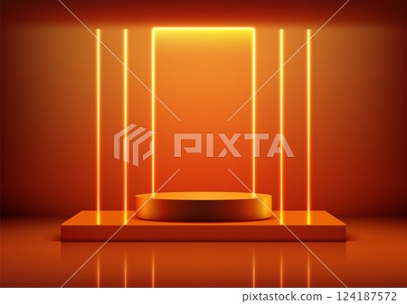 3D Glowing Orange Podium with Neon Lines, Futuristic Technology Concept for Product Display 3D Glowing Orange Podium with Neon Lines, Futuristic Technology Concept for Product Display 124187572
