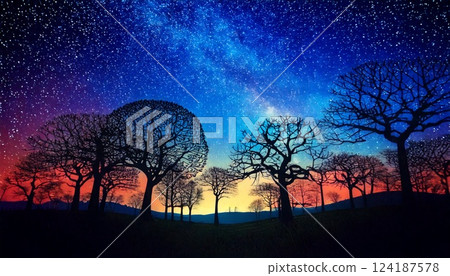 樹木的輪廓和背後的星空 樹木的輪廓和背後的星空 124187578