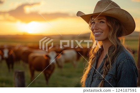 a female rancher standing near a herd of cattle, holding a notebook and talking to a farmhand, with a wooden fence and open pastures in the background under golden sunlight 124187591