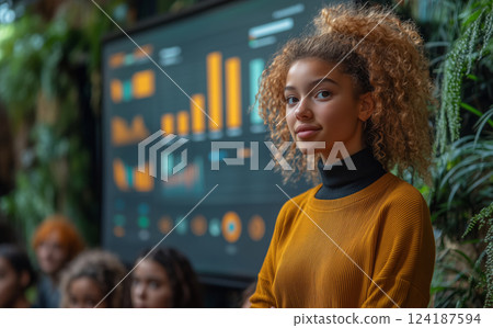 a group of teenage entrepreneurs pitching their startup idea, standing in front of a presentation screen with graphs and visuals, excited expressions and bright natural lighting 124187594