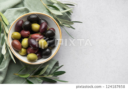 Colorful olives are served in a bowl Colorful olives are served in a bowl 124187658