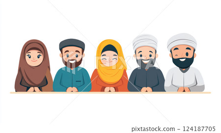 Islamic business teamwork with smiling faces in modern office setting 124187705
