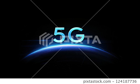 5G network logo glowing above digital horizon, symbolizing innovation and speed 124187736