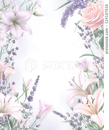 delicate floral frame with soft pastel flowers like pink roses, white lilies, and lavender, creating gentle ambiance for text 124187816