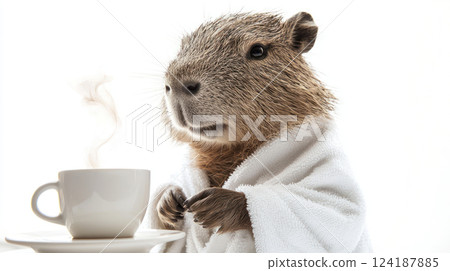 cute highland capybara in white bathrobe enjoys cup of steaming coffee, radiating warmth and comfort 124187885