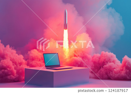 creative marketing advertisement featuring laptop with rocket launching amidst colorful clouds, symbolizing innovation and technology 124187917