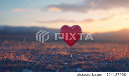 red heart balloon stands alone in serene landscape at sunset, symbolizing love and connection red heart balloon stands alone in serene landscape at sunset, symbolizing love and connection 124187968