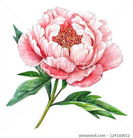 beautiful peony flower with soft pink petals and green leaves, showcasing delicate details and vibrant colors 124188012