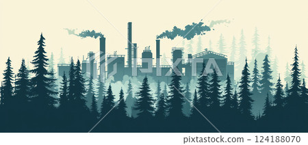 Silhouette of factory surrounded by trees, highlighting environmental impact 124188070
