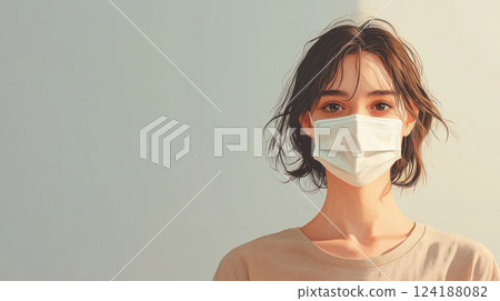 person wearing protective face mask against pollution, calm expression, casual clothing, minimalistic background 124188082