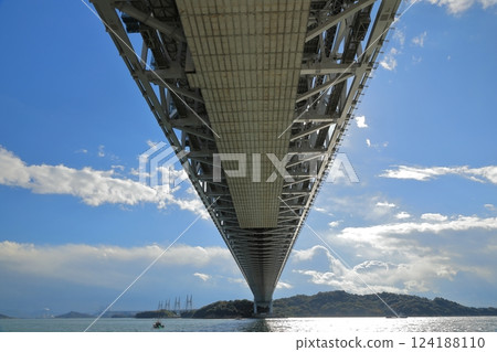 A view from directly underneath the Great Seto Bridge, which connects to the islands of the Seto Inland Sea A view from directly underneath the Great Seto Bridge, which connects to the islands of the Seto Inland Sea 124188110