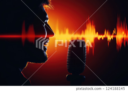 silhouette of person speaking into microphone, soundwave echoing dramatically 124188145