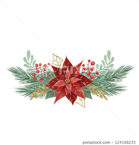 Composition with Christmas flower red poinsettia, fir branches, vegetation and berries isolated 124188235