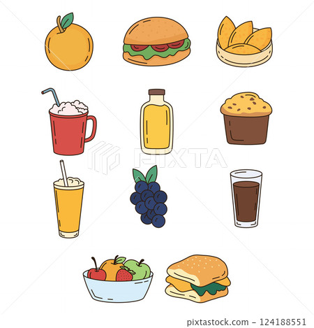 Icon Set of Tasty Fruit Bread Fast Food and Drink Beverage 124188551