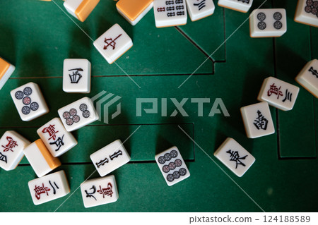 Mahjong tiles on an electric mahjong table (aerial view) Mahjong tiles on an electric mahjong table (aerial view) 124188589