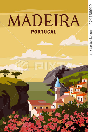 Vintage travel poster Madeira Portugal, tropical resort 124188649