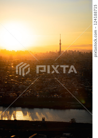 Sunset at Tokyo Sky Tree and Tokyo cityscape view from the Ichikawa I-link town Observation deck 124188715