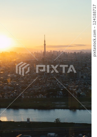 Sunset at Tokyo Sky Tree and Tokyo cityscape view from the Ichikawa I-link town Observation deck 124188717