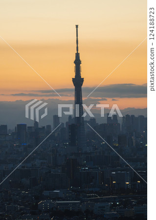 Sunset at Tokyo Sky Tree and Tokyo cityscape view from the Ichikawa I-link town Observation deck 124188723