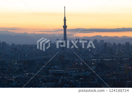 Sunset at Tokyo Sky Tree and Tokyo cityscape view from the Ichikawa I-link town Observation deck 124188724