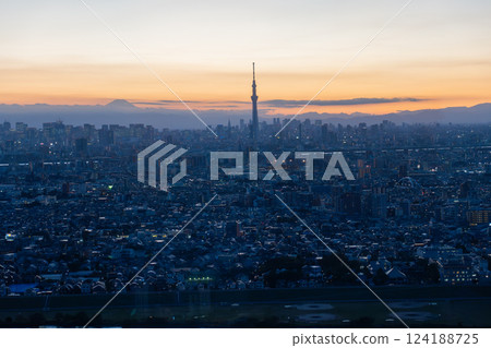 Sunset at Tokyo Sky Tree and Mt fuji with cityscape view from the Ichikawa I-link town Observation deck 124188725