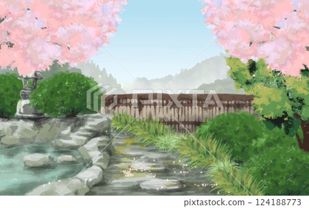 Illustration of a traditional Japanese garden with cherry blossoms Illustration of a traditional Japanese garden with cherry blossoms 124188773