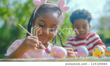 Joyful children creating colorful art during springtime outdoor activity 124189064