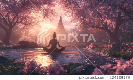 Morning tranquility embraces peaceful souls during yoga practice in lush park 124189179