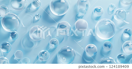 Blue water droplets on an abstract background, freshness and hydration. Perfect for natural cosmetics, skincare, and wellness themes. 124189409