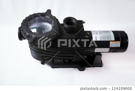 Electric pump for swimming pool on white background. Pool water pump on isolated background. Sand filter pump for swimming pool on isolated background. 124189608