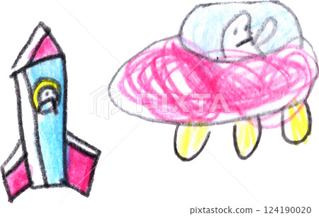 A child's drawing of a rocket and a UFO A child's drawing of a rocket and a UFO 124190020