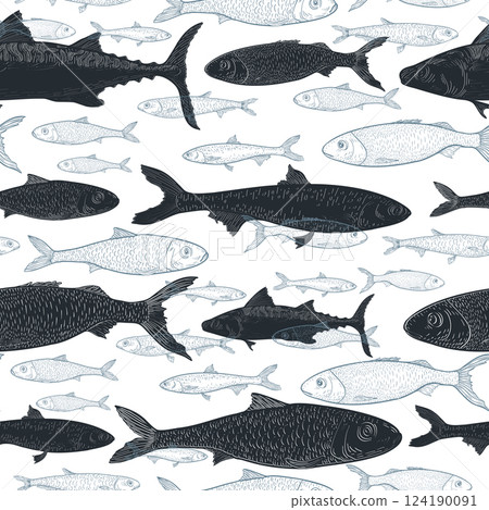 Black silhouette sardine and mackerel fish vector seamless pattern. Contour hand drawn of small sea fish on repeating background. Design for packaging, textile prints, wrap, nautical themed designs. Black silhouette sardine and mackerel fish vector seamless pattern. Contour hand drawn of small sea fish on repeating background. Design for packaging, textile prints, wrap, nautical themed designs. 124190091
