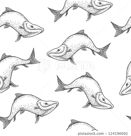 Trout black white vector seamless pattern. Salmon monochrome sketch hand drawn. Nerka sea fish painted engraving on repeat background. Variety sockeye in graphic for package, fabric, wrapping paper. Trout black white vector seamless pattern. Salmon monochrome sketch hand drawn. Nerka sea fish painted engraving on repeat background. Variety sockeye in graphic for package, fabric, wrapping paper. 124190092