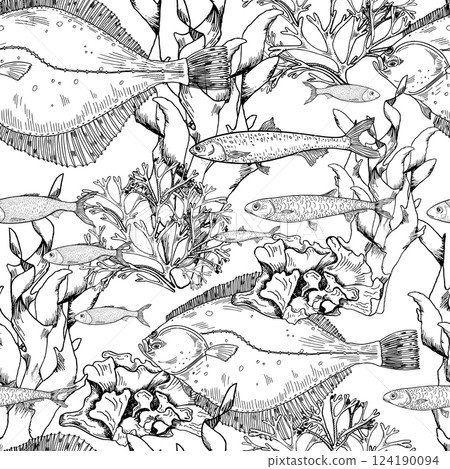 Sea fishes, corals, and seaweed monochrome vector seamless pattern. Ocean life elements repeated black white background hand drawn. Marine design for textiles, wrapping paper, scrapbooking. 124190094