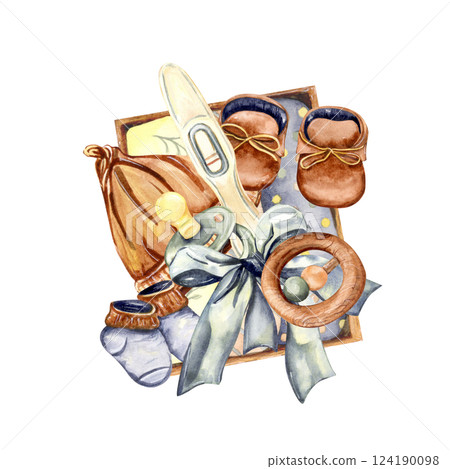 Watercolor illustration of a baby gift set with a pregnancy test Watercolor illustration of a baby gift set with a pregnancy test 124190098