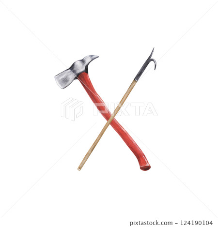 Watercolor illustration of crossed firefighter axe and pike pole Watercolor illustration of crossed firefighter axe and pike pole 124190104