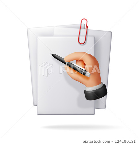 3d white blank paper page and hand with pen 3d white blank paper page and hand with pen 124190151