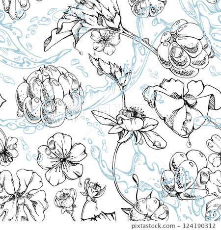 Cloudberry raspberry white flowers flying in water splashes waves drops, hand drawn vector ink, ripe line forest berry and leaves. Seamless banner illustration for cafe menu, wedding, farmers market Cloudberry raspberry white flowers flying in water splashes waves drops, hand drawn vector ink, ripe line forest berry and leaves. Seamless banner illustration for cafe menu, wedding, farmers market 124190312