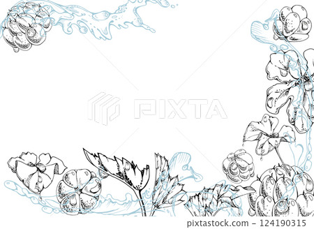 Cloudberry raspberry flying in wave water splashes with drops, hand drawn vector ink, ripe line forest berry and leaves. Border frame illustration for restaurant, cafe menu, wedding, farmers market 124190315