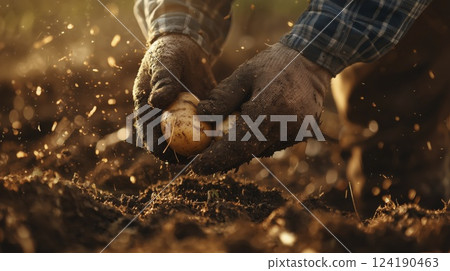 Farmer harvesting fresh potatoes from soil, copy space 124190463