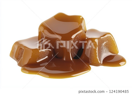 Sweet melted caramel cubes isolated on white background with clipping path 124190485