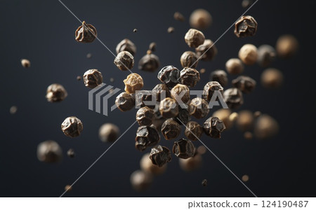 Black peppercorns floating in air with black background and copy space in macro shot Black peppercorns floating in air with black background and copy space in macro shot 124190487