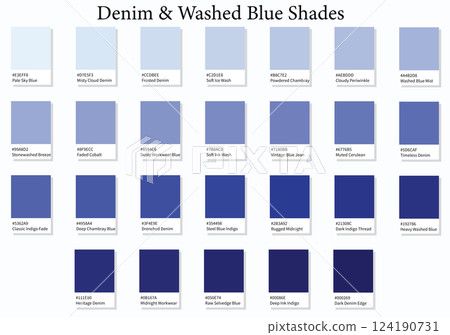 Color Palette 26 Denim and Washed Blue Shades - 3d Light Faded to Deep Dark Blue Tones - with HEX Codes and Names, Colour Swatches, Scheme and Combinations 124190731