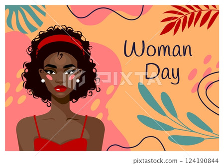 International women day. Happy young girl. Tropical palm leaves. African female. Feminine beautiful portrait. Holiday banner. Attractive face. Abstract botanical shapes. Vector creative greeting card 124190844