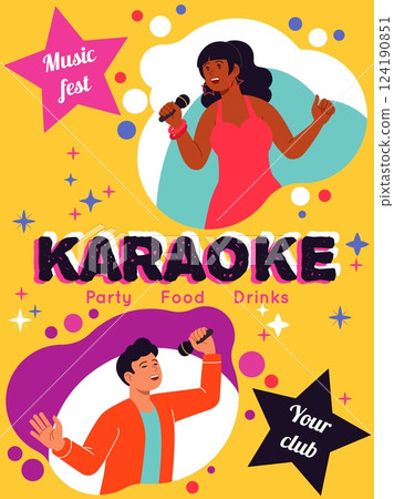 Karaoke invitational poster. Man and woman hold mic, nightclub or festival party flyer design. Vertical advertising. Entertainment show. Vocalist performance. Vector cartoon flat isolated illustration 124190851