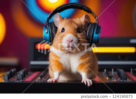 Funny hamster DJ with headphones 124190873