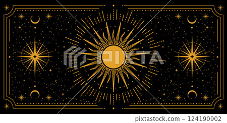 Magic frame. Mystic background with star, fantasy moon. Astrological celestial witchcraft. Esoteric border bohemian ornament. Vintage line gold symbols. Vector elegant horizontal background design 124190902